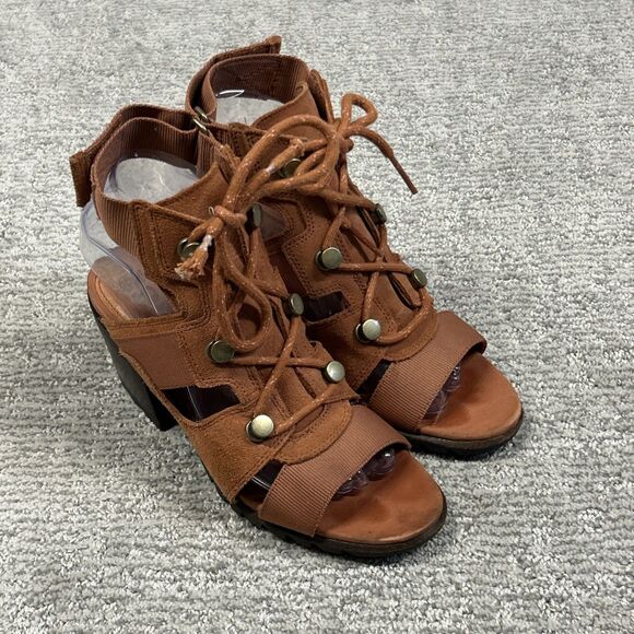 Sorel Sandals Women's 7.5 Nadia Teak Brown Orange Suede Lace Block Heel - Picture 1 of 10